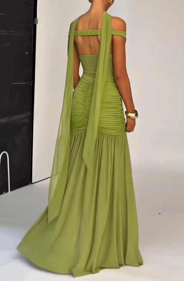 Annie Elegant Olive V-Shoulder Maxi Dress