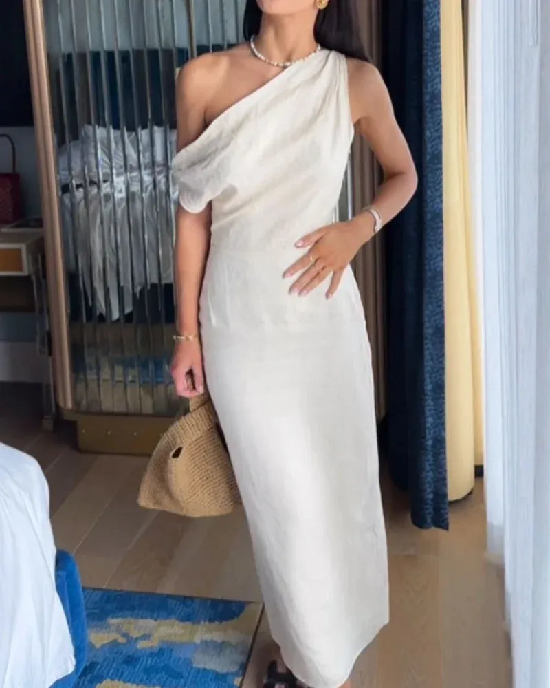 Amelia Elegant Cotton Linen Slant Shoulder Dress
