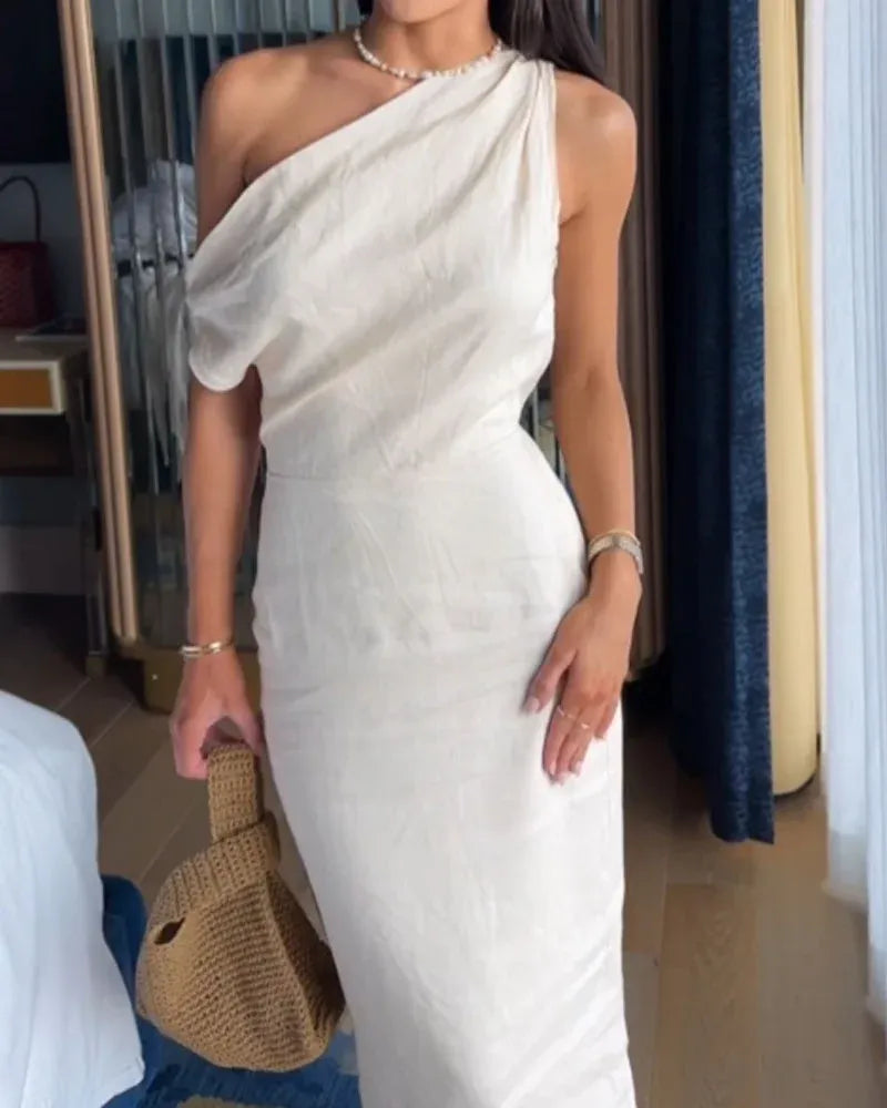 Amelia Elegant Cotton Linen Slant Shoulder Dress