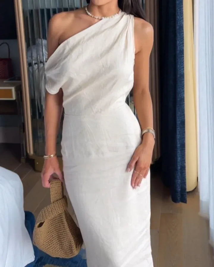 Amelia Elegant Cotton Linen Slant Shoulder Dress