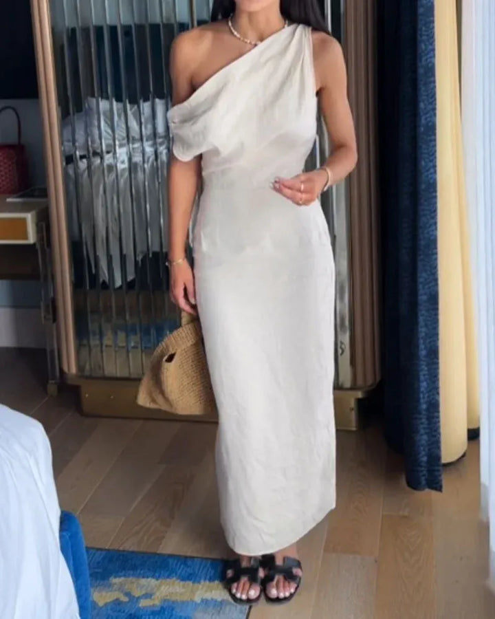 Amelia Elegant Cotton Linen Slant Shoulder Dress