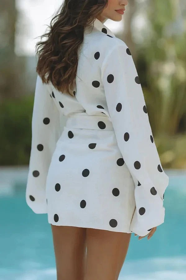 Lena Elegant Polka Dot Linen Blouse & Skirt Set