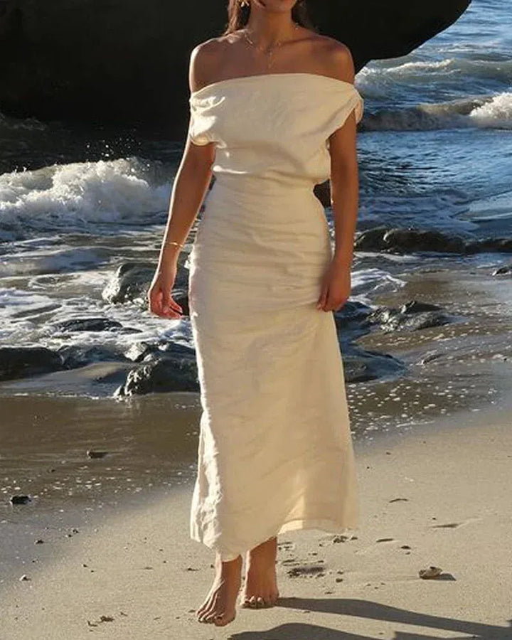 Amelia Elegant Cotton Linen Slant Shoulder Dress