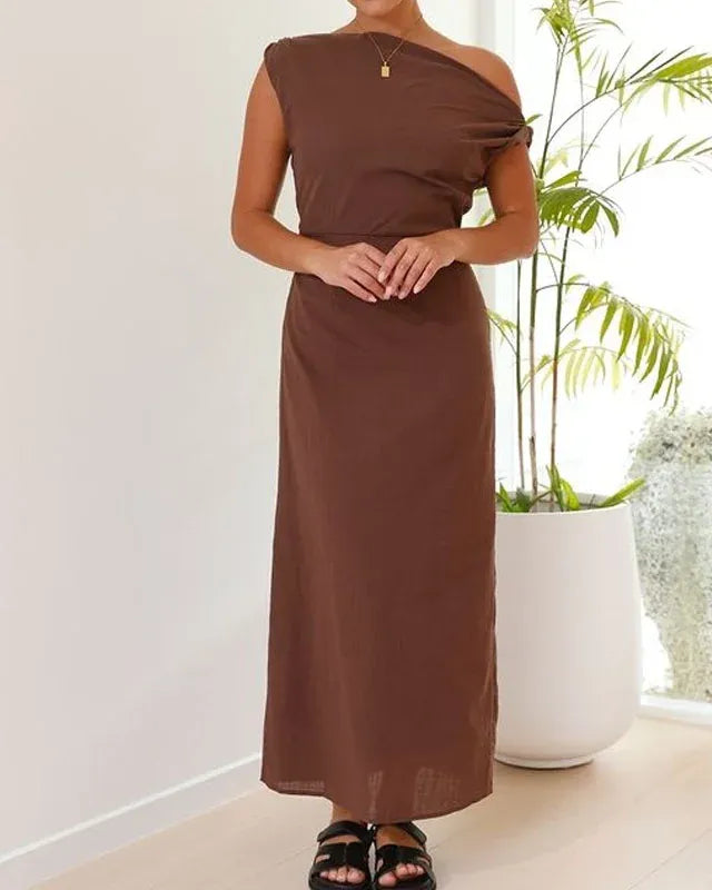 Amelia Elegant Cotton Linen Slant Shoulder Dress