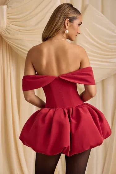 Off-the-shoulder tiered bubble-hem mini dress