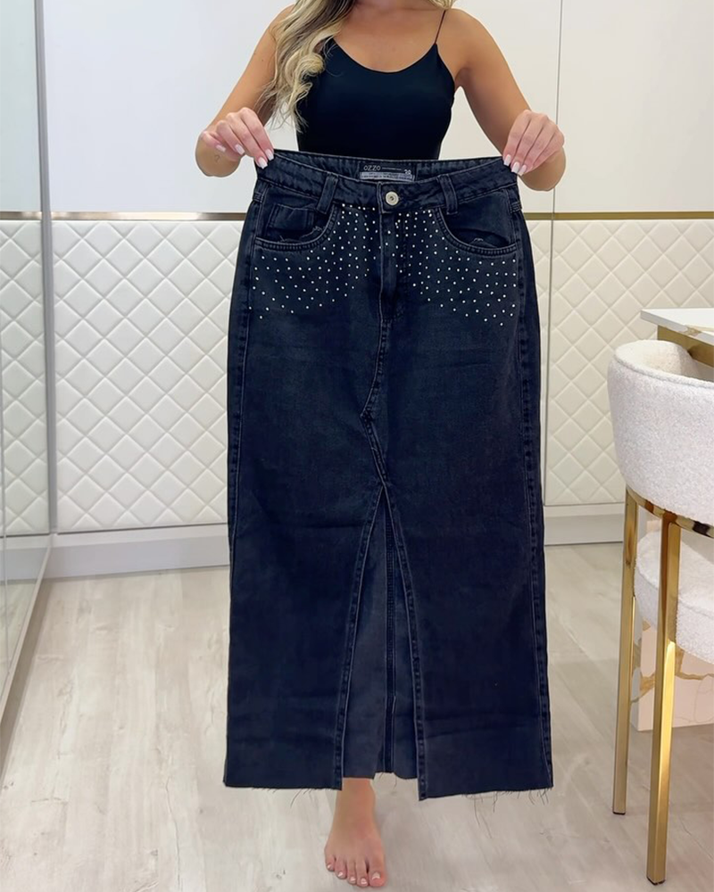 Diamond-Studded Denim Skirt