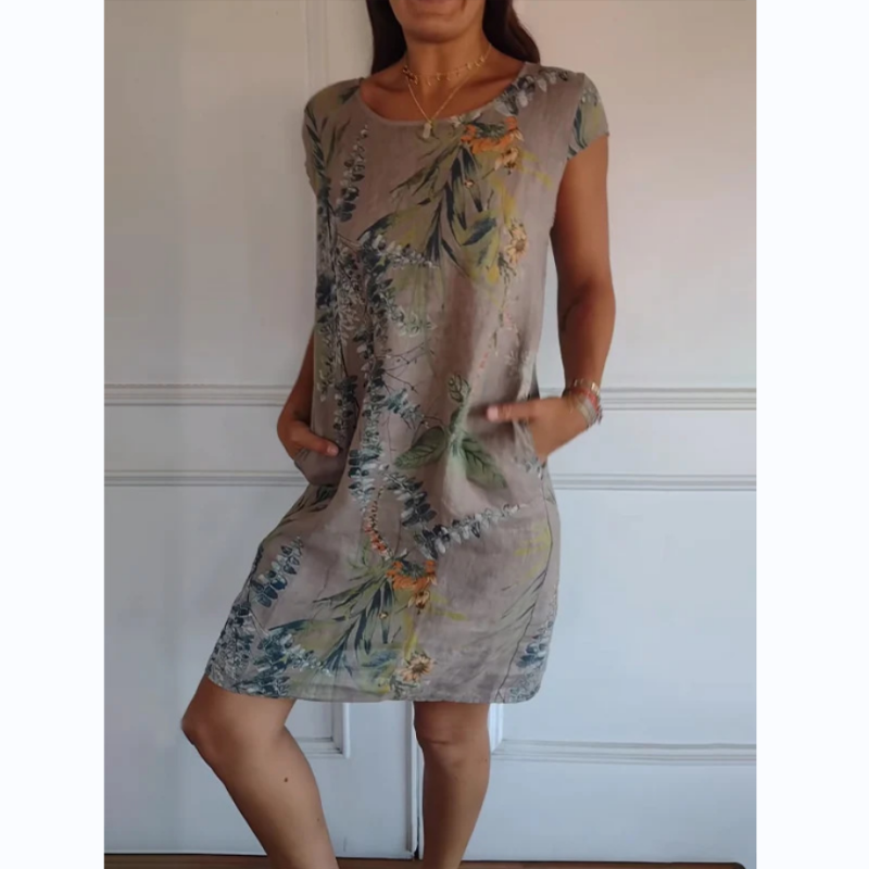 Women's round-neck botanical print dress