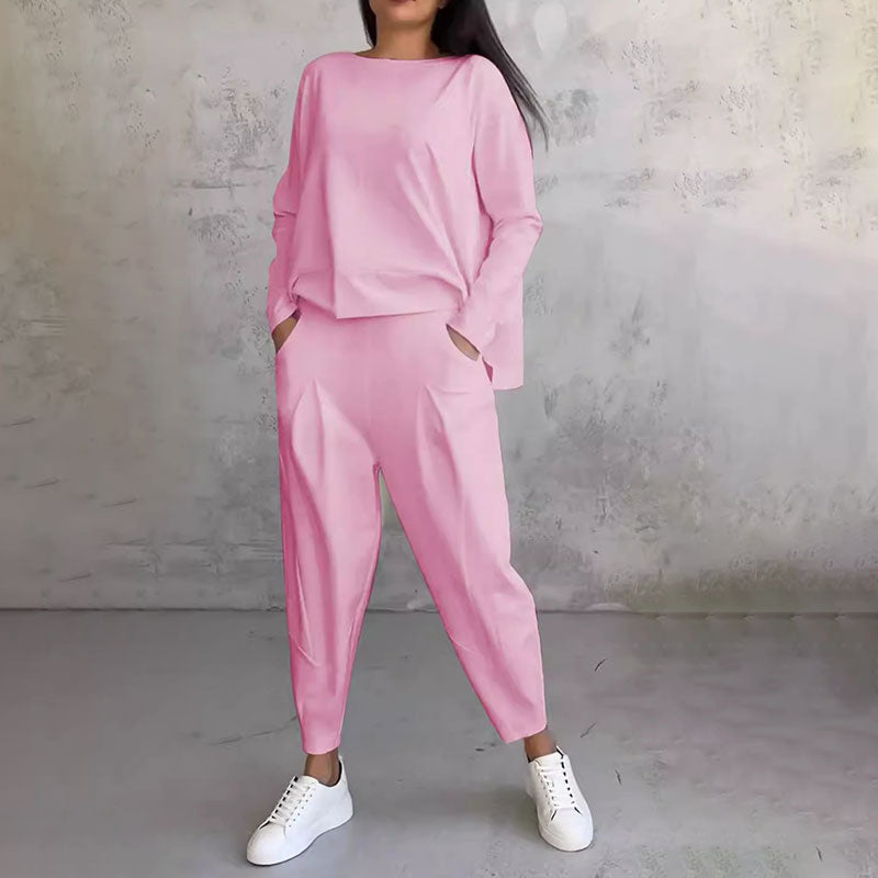 Long-sleeve top with round neck & Pants 2-piece set