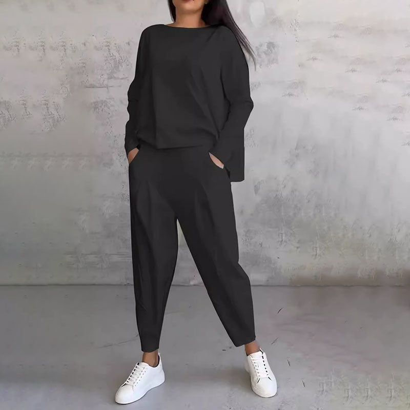 Long-sleeve top with round neck & Pants 2-piece set