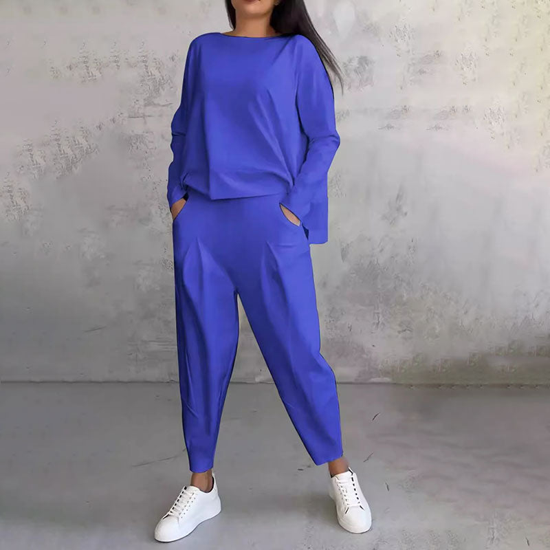 Long-sleeve top with round neck & Pants 2-piece set