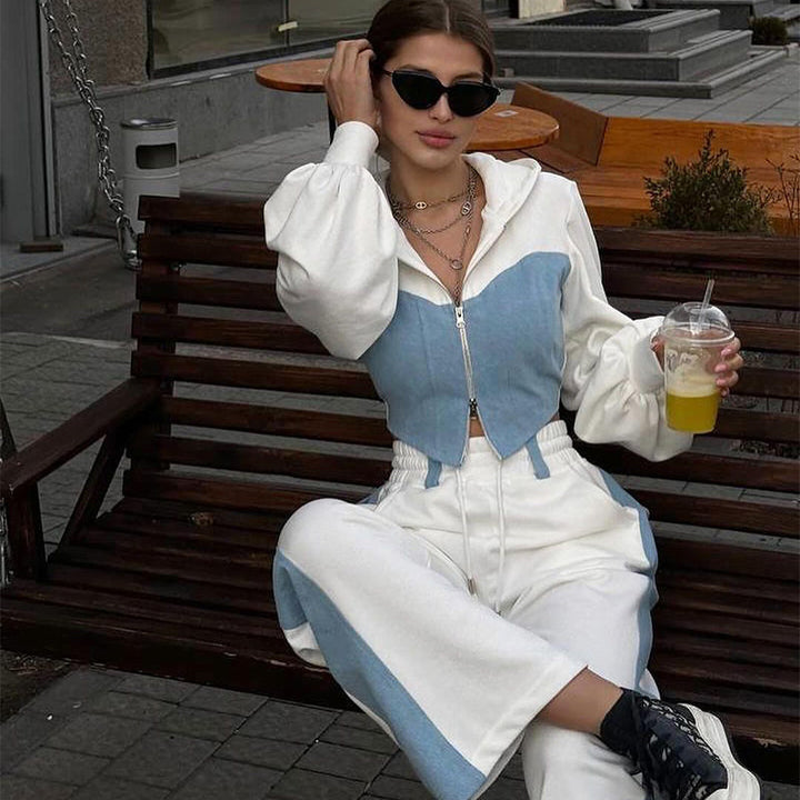 2-piece set featuring a trendy patchwork top and wide-leg pants