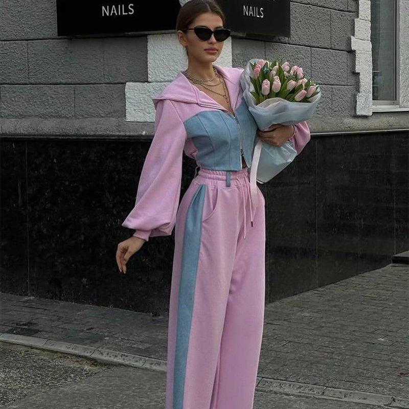 2-piece set featuring a trendy patchwork top and wide-leg pants