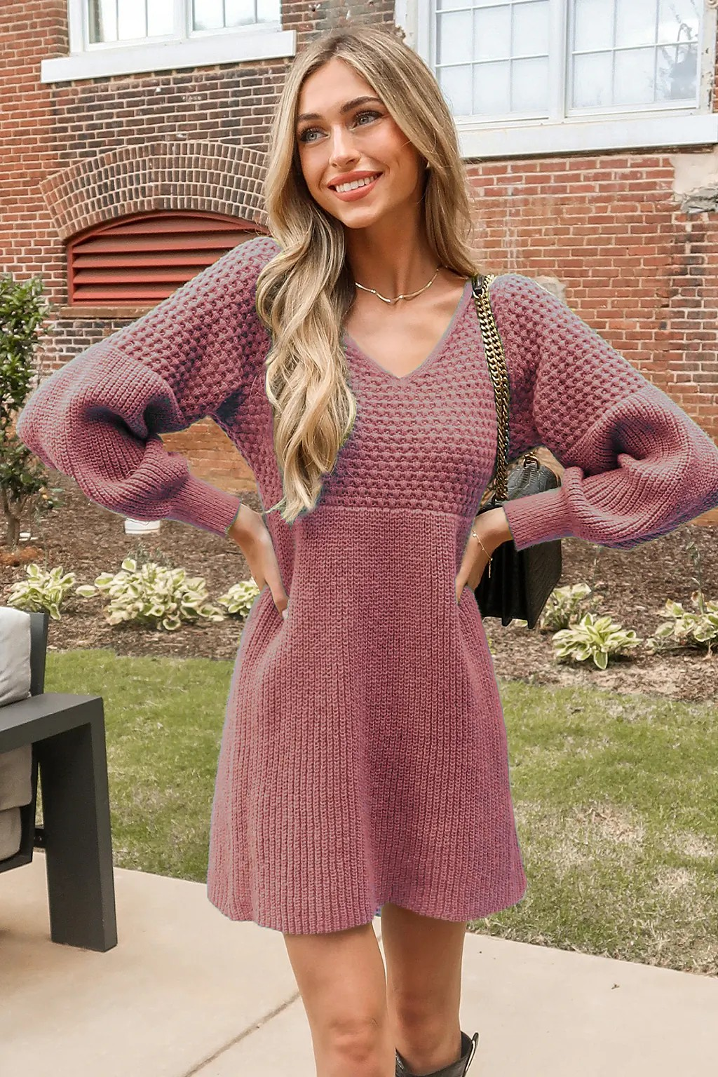 Short knitted dress with a V-neck
